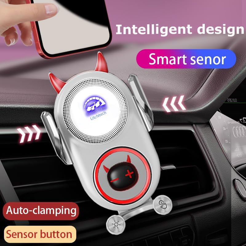 Stylish Wireless Car Charger Mount with Auto-Clamping Smart Sensor – Adorable Black Demon Design for Effortless Charging and Secure Phone Holding, Compatible with i Phone and Samsung Devices, Fast Charging Technology for Ultimate Convenience