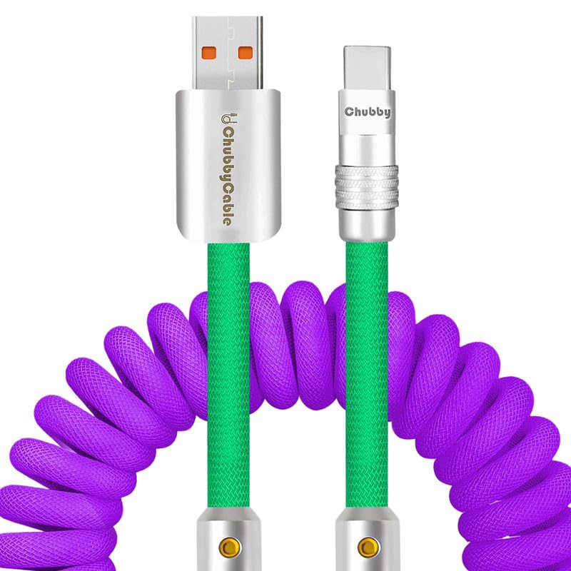 Experience Unmatched Charging Versatility with the Chubbycable Curly Chubby – 240 W High-Speed Retractable USB-C Cable, Extends 2.29 to 3.6 FT, Ideal for Car Play & Android Auto, Stylish Dark Blue and Green Coiled Design for Effortless Organization and Durability