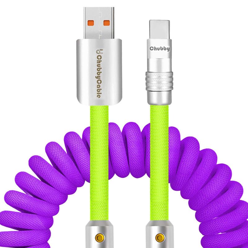 Experience Unmatched Charging Versatility with the Chubbycable Curly Chubby – 240 W High-Speed Retractable USB-C Cable, Extends 2.29 to 3.6 FT, Ideal for Car Play & Android Auto, Stylish Dark Blue and Green Coiled Design for Effortless Organization and Durability