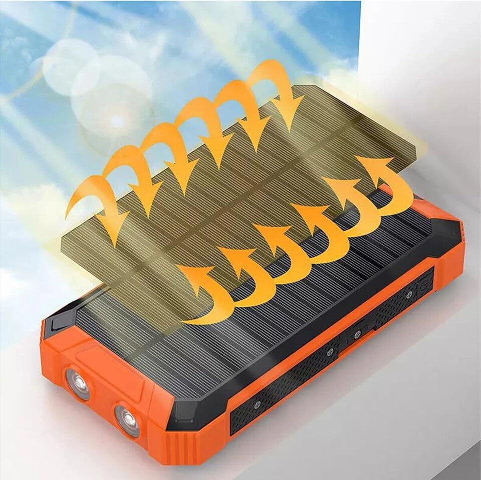 Ultimate Solar Power Bank – 10,000 m Ah Portable Charger with Fast Wireless Charging, 4 USB Ports, Built-in Cables, LED Flashlight & Carabiner – Waterproof Outdoor Essential for i Phone & Android Devices (Black/Red) – Empower Your Adventures!