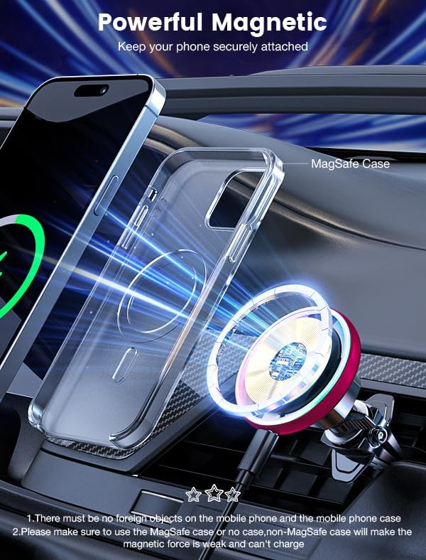 MOKPR 15 W Mag Safe Car Charger & Magnetic Phone Holder – Effortless Fast Wireless Charging with Dynamic LED RGB Lighting for i Phone 15/14/13/12 Series – Stylish Dash & Air Vent Mount for Enhanced Driving Experience and Convenient Accessibility