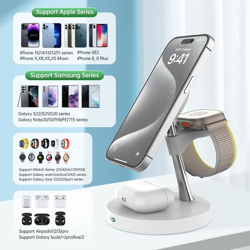 Versatile 3-in-1 Wireless Charging Station for Apple Devices – Fast 15 W Magnetic Charger for i Phone 15/14/13, Apple Watch & Air Pods – Travel-Friendly Dock with Enhanced Compatibility & Safety Features – Sleek White Design for Home or Office Use