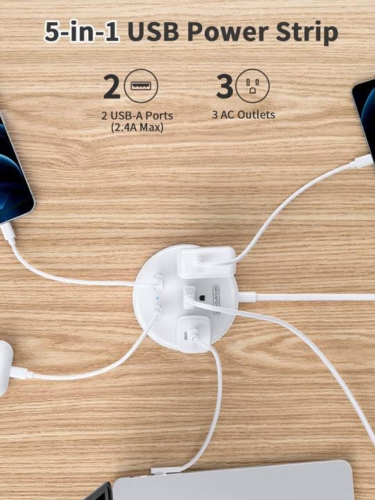 NTONPOWER 2 Prong Power Strip with 9.8 ft Extension Cord – Essential Wall-Mountable Solution for Non-Grounded Outlets with 3 AC Ports & 2 USB Charging Ports – Perfect for Modern Homes and Vintage Spaces