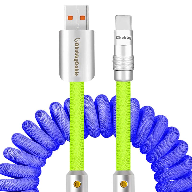 Experience Unmatched Charging Versatility with the Chubbycable Curly Chubby – 240 W High-Speed Retractable USB-C Cable, Extends 2.29 to 3.6 FT, Ideal for Car Play & Android Auto, Stylish Dark Blue and Green Coiled Design for Effortless Organization and Durability