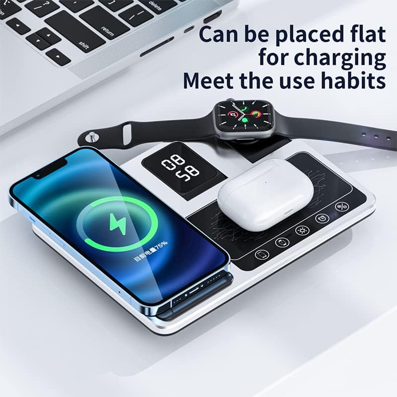 Revolutionary 4-in-1 Wireless Fast Charging Hub with Integrated Alarm Clock & Adjustable Night Light | Travel-Optimized Design for i Phone, Apple Watch, and Air Pods | Ultra-Fast Charging Station for Effortless Multi-Device Power Management and Stylish Portability