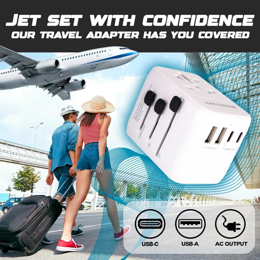 Universal Travel Adapter with 35 W PD Fast Charging, Dual USB Type-C Ports, and Integrated Surge Protection – Your Essential Companion for Global Adventures in USA, AU, EU, UK and Beyond