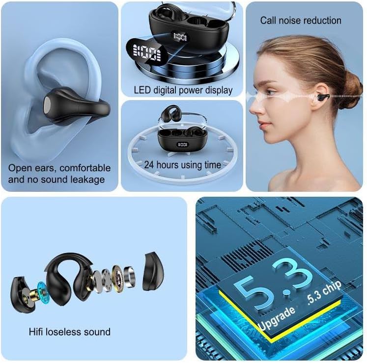 Bluetooth 5.3 Wireless Ear Clip Headphones – Yubeaahn Open Ear Earbuds with 36-Hour Playtime & Sweat-Resistant Design for Active Lifestyles, Integrated Mic for Hands-Free Calls, USB-C Fast Charging, Compatible with i Phone, Android & Samsung Devices