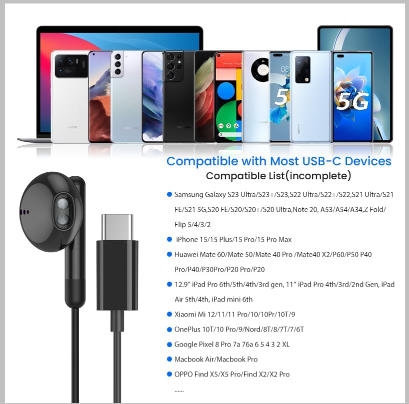 USB C Earbuds for i Phone 16 & i Pad Pro – High-Fidelity Wired Headphones with Volume Control & Mic for Google Pixel & Samsung Galaxy – Lightweight, Durable, and Comfortable for Everyday Use & Commutes – Enhanced Audio Experience