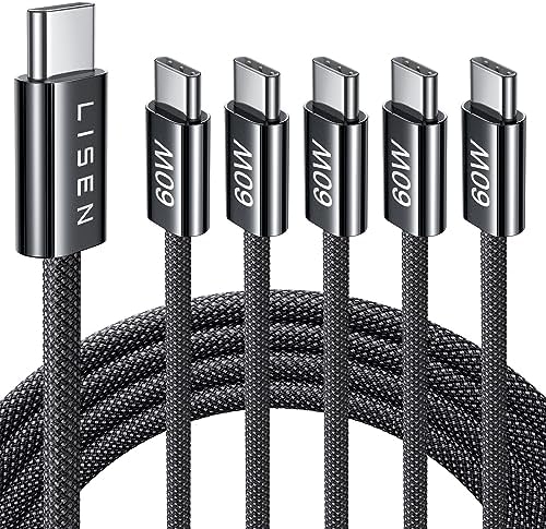 LISEN USB C to USB C Cable 5-Pack – Premium Fast Charging Solution with 60 W Power Delivery, Versatile Lengths (3.3 FT, 6.6 FT, 10 FT) for i Phone 16, i Pad Mini 6/Pro, Mac Book Pro 2020 & Samsung S23 – Durable, High-Speed Connectivity for All Your Devices