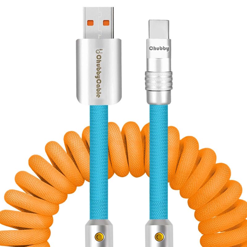 Experience Unmatched Charging Versatility with the Chubbycable Curly Chubby – 240 W High-Speed Retractable USB-C Cable, Extends 2.29 to 3.6 FT, Ideal for Car Play & Android Auto, Stylish Dark Blue and Green Coiled Design for Effortless Organization and Durability