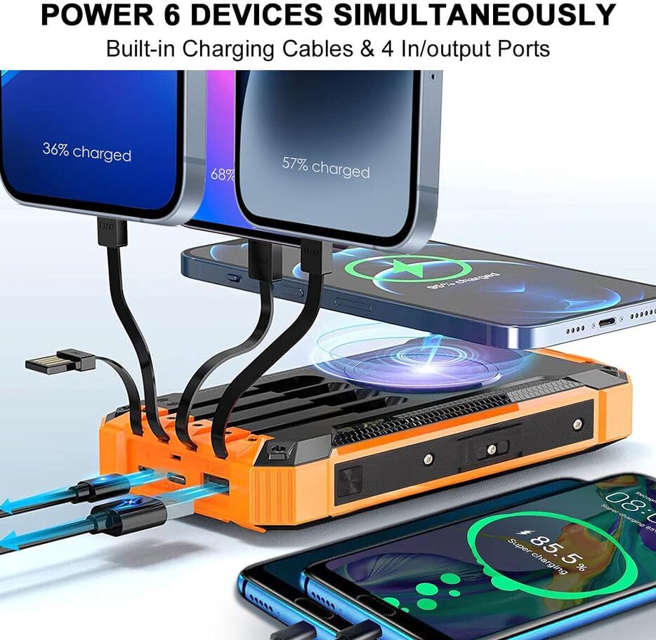 Ultimate Solar Power Bank – 10,000 m Ah Portable Charger with Fast Wireless Charging, 4 USB Ports, Built-in Cables, LED Flashlight & Carabiner – Waterproof Outdoor Essential for i Phone & Android Devices (Black/Red) – Empower Your Adventures!