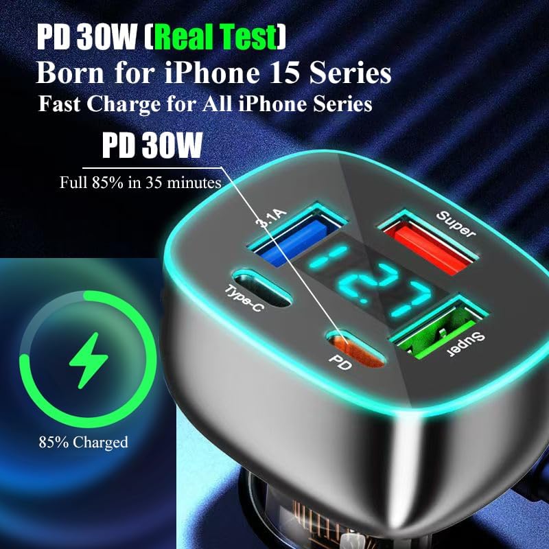 5-Port USB C Car Charger with Dual PD 30 W Fast Charging & Voltage Display – Multi-Device Compatibility for Mac Book, i Phone 16/15 Pro Max, Samsung, Huawei & Android – Efficient Cigarette Lighter Adapter for On-the-Go Power