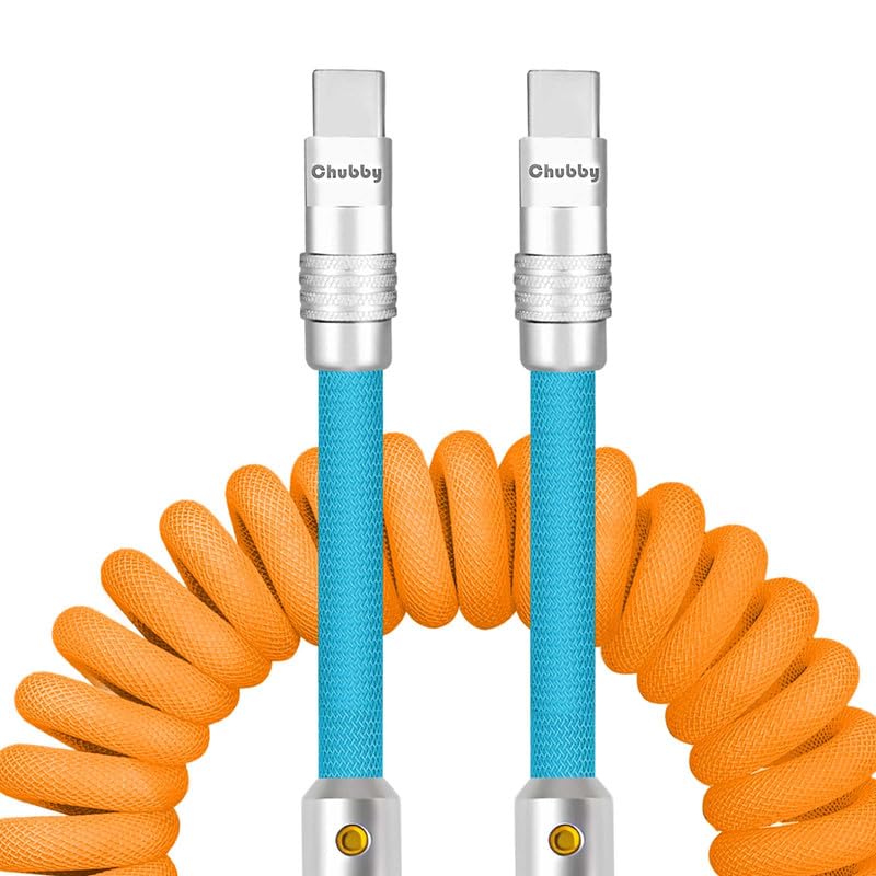 Experience Unmatched Charging Versatility with the Chubbycable Curly Chubby – 240 W High-Speed Retractable USB-C Cable, Extends 2.29 to 3.6 FT, Ideal for Car Play & Android Auto, Stylish Dark Blue and Green Coiled Design for Effortless Organization and Durability