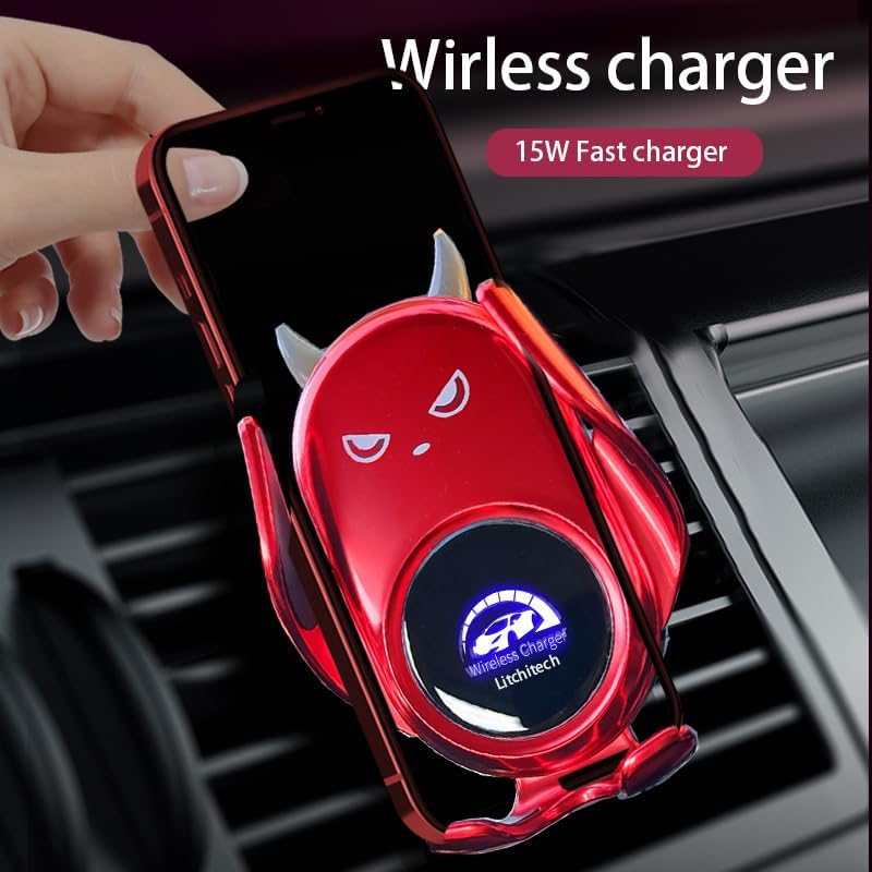 Sleek Red Demon Wireless Car Charger Mount for Women – 15 W Fast Charging Auto Clamping Phone Holder for i Phone & Samsung – Stylish Vehicle Accessory with Effortless Installation & Enhanced Compatibility