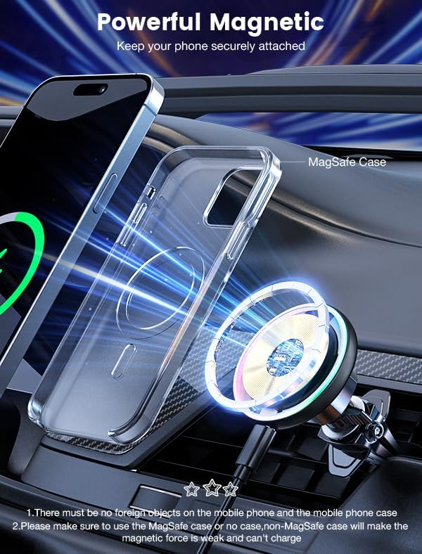 MOKPR 15 W Mag Safe Car Charger & Magnetic Phone Holder – Effortless Fast Wireless Charging with Dynamic LED RGB Lighting for i Phone 15/14/13/12 Series – Stylish Dash & Air Vent Mount for Enhanced Driving Experience and Convenient Accessibility
