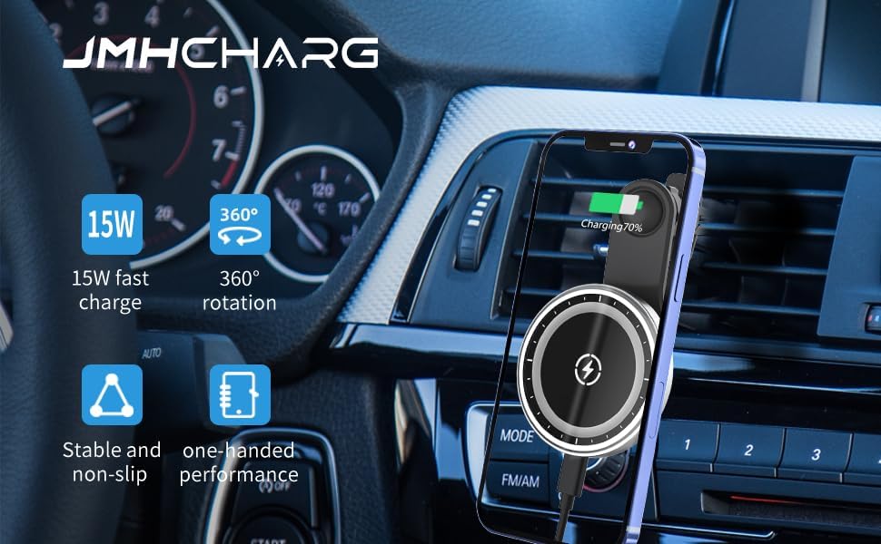 Magnetic Wireless Car Charger with Extended Arm for Unobstructed Airflow – 15 W Fast Charging Phone Holder Mount for Dashboard or Air Vent – Compatible with i Phone & Android Devices – Effortless Navigation and Music Control while Driving