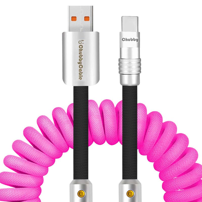 Experience Unmatched Charging Versatility with the Chubbycable Curly Chubby – 240 W High-Speed Retractable USB-C Cable, Extends 2.29 to 3.6 FT, Ideal for Car Play & Android Auto, Stylish Dark Blue and Green Coiled Design for Effortless Organization and Durability