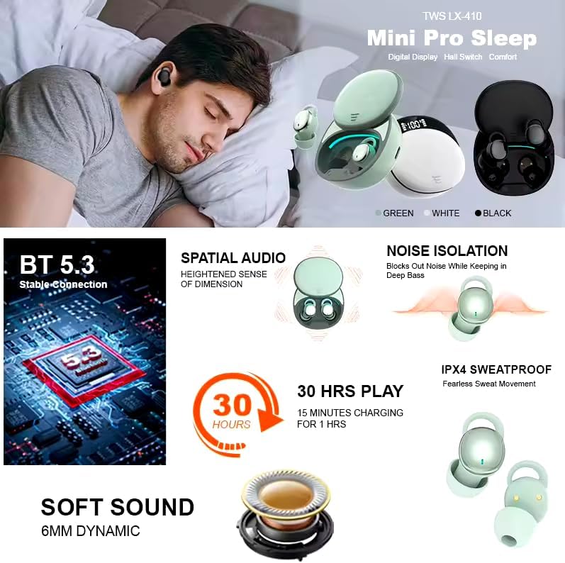 Ultra-Comfort Bluetooth 5.3 Sleep Earbuds – Discreet Mini Wireless Headphones for Side Sleepers and Active Lifestyles – Exceptional Sound Quality with Noise Isolation – Ergonomic In-Ear Design for Sleepless Nights and Workouts – Long Battery Life in Sleek White Finish