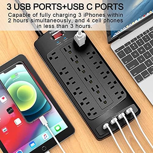 Maximize Your Power Supply with the 18-Outlet Surge Protector Power Strip – 6 Feet Heavy-Duty Extension Cord Featuring 4 Fast USB Ports, 2100 Joules of Surge Protection, and ETL Certification for Ultimate Safety and Compatibility