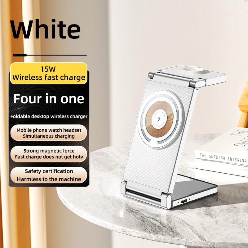 3-in-1 Magnetic Charging Dock for Apple Devices – Foldable & Portable Wireless Charger for i Phone 15/14/13/12 Max/Pro/Mini, Air Pods & Apple Watch – Fast, Efficient Charging Station in Sleek White Finish for Home & Travel