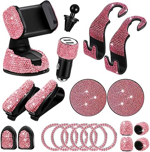 Transform Your Vehicle with Tallew’s 20-Piece Bling Car Accessories Set for Women – Stylish Rhinestone Car Decor, Hands-Free Phone Holder, Rapid Dual USB Charger, Practical Glasses Holders, Chic Pink Interior Essentials for Glamorous Driving Experience