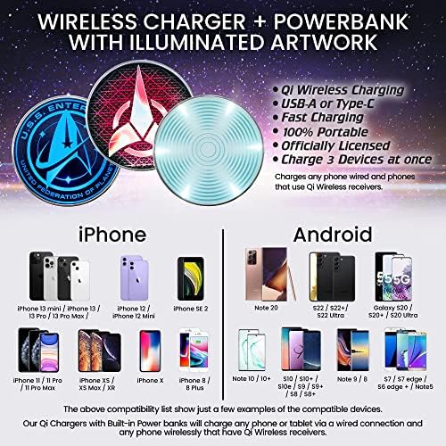 Star Trek Illuminating Wireless Charger & Backup Battery Pack – Sci-Fi Inspired Portable Phone Charger with Light-Up Transporter Pad Logo for Enhanced Compatibility and Fast Charging – Ultimate Gift for Star Trek Fans and Tech Enthusiasts
