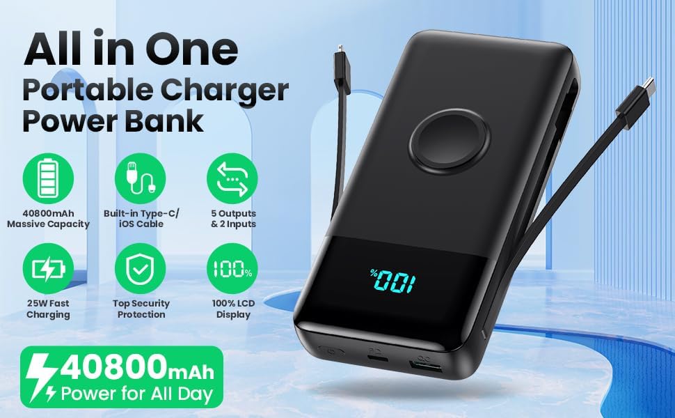 High-Capacity 40800 m Ah 5-in-1 Portable Power Bank with Fast Charging for i Phone and Apple Watch – Dual Built-in Cables, Magnetic Wireless Charger, LED Display, Ideal for Travel and Outdoor Adventures, Compatible with Android and More Devices