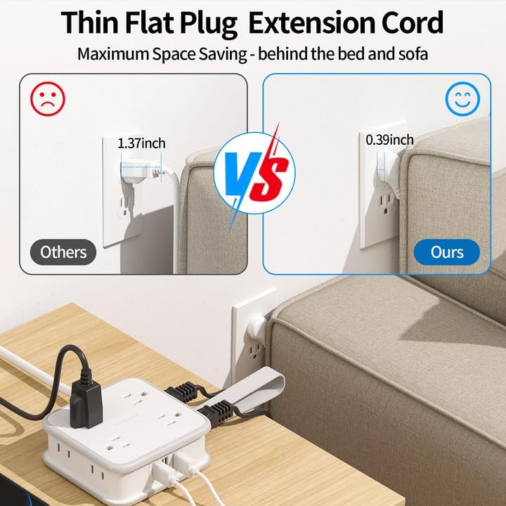 NTONPOWER 8-Outlet Flat Plug Power Strip with 45 W USB-C Fast Charging Port – Compact Multi-Device Extender with 5 ft Cord, Ideal for Home and Travel, Compatible with i Phone, Mac Book Pro, Tablets, and Samsung – Smart Design for Organized Charging Solutions