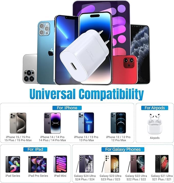 30 W USB-C Fast Charger for i Phone 15/16 & Samsung Galaxy S24/S23 – Ultra-Fast Charging with 6 ft Type C Cable – Compact, UL Certified Wall Adapter for Maximum Device Compatibility and Speed