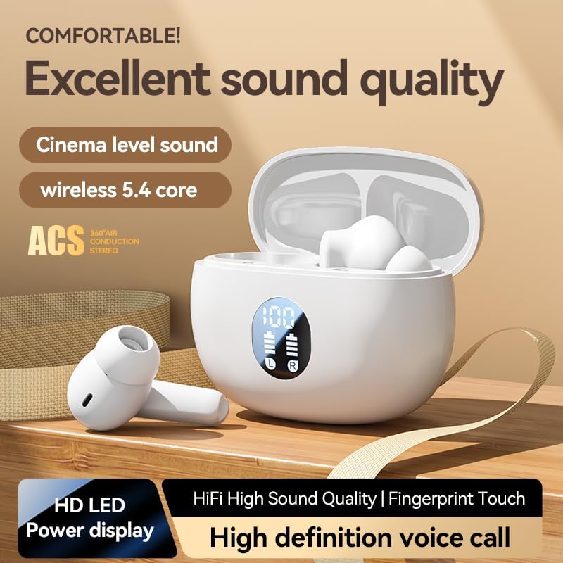 Enhance Your Lifestyle with Beige Bluetooth 5.4 Wireless Earbuds – Experience Superior Noise Cancelling Technology, Immersive Stereo Bass, and IPX7 Waterproof Durability – 30-Hour Playtime with LED Battery Indicator – Ideal for Sports, Gaming, and Professional Use