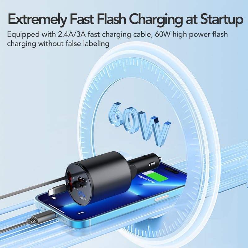 Ultimate 4-in-1 Retractable Car Charger – 60 W Super Fast Charging for i Phone 11-16, Galaxy, Pixel & Air Pods 4 – Dual USB Ports & Tangle-Free Cables for Maximum Convenience on the Go – Compact Power Adapter for All Your Devices