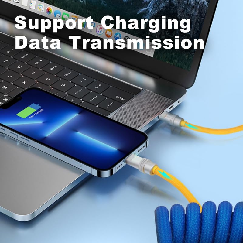 Experience Unmatched Charging Versatility with the Chubbycable Curly Chubby – 240 W High-Speed Retractable USB-C Cable, Extends 2.29 to 3.6 FT, Ideal for Car Play & Android Auto, Stylish Dark Blue and Green Coiled Design for Effortless Organization and Durability