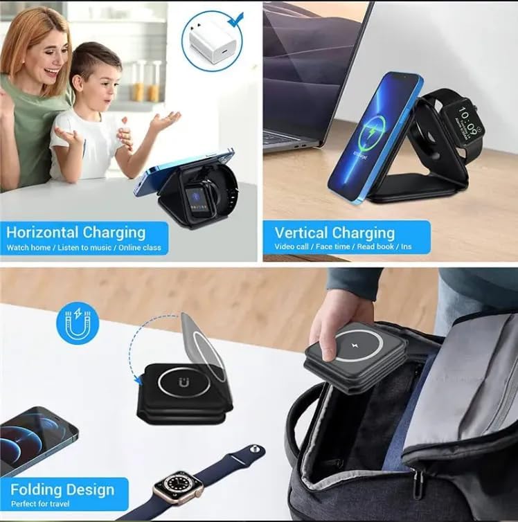 Elevate Your Charging Game with the Qrion 3-in-1 Foldable Wireless Magnetic Charger – 15 W Travel Station for i Phone, Air Pods & i Watch – Compact Design, Enhanced Compatibility, Includes Charging Cable – Ideal for Home & On-the-Go Convenience