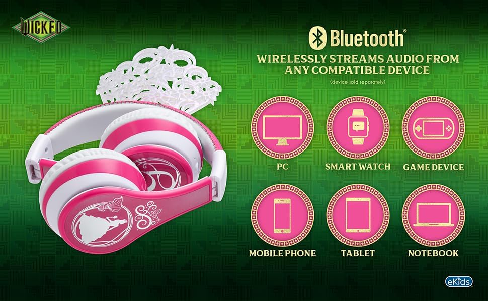 Kid-Friendly Bluetooth Headphones – Wicked Glinda Foldable Wireless Earphones with Built-In Microphone for Safe Listening at Home, School, and Travel – Includes Aux Cable for Ultimate Compatibility and Comfort