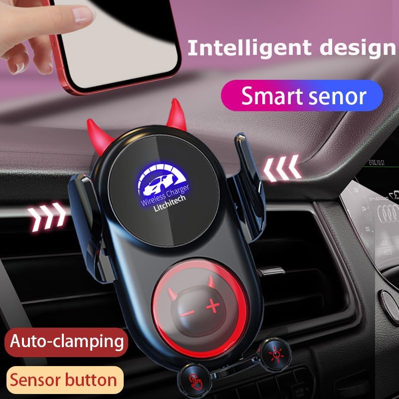 Stylish Wireless Car Charger Mount with Auto-Clamping Smart Sensor – Adorable Black Demon Design for Effortless Charging and Secure Phone Holding, Compatible with i Phone and Samsung Devices, Fast Charging Technology for Ultimate Convenience