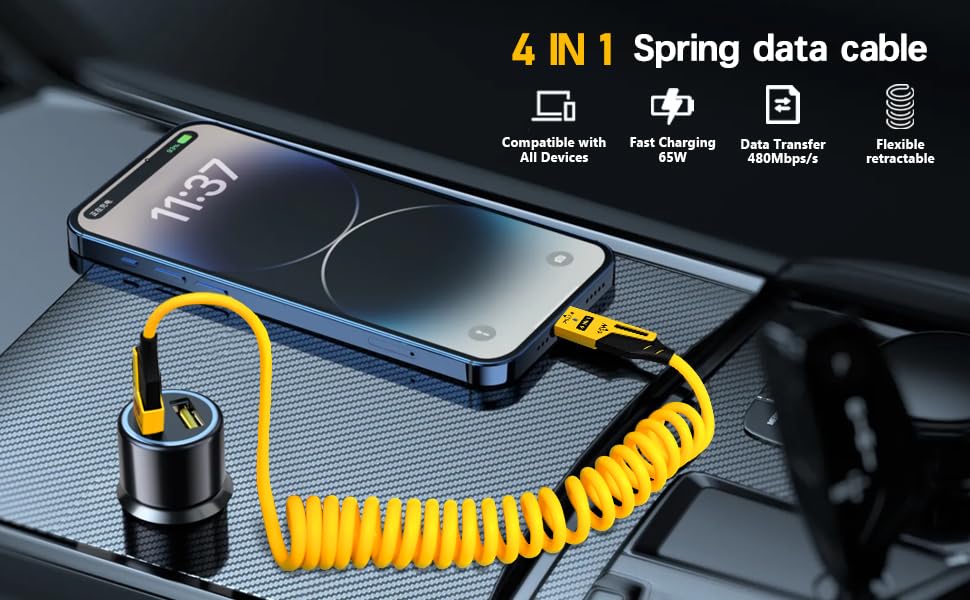 4-in-1 Supercharging Cable for Apple Devices – High-Speed USB-C & Type-C Charging Solution with Durable Spring Wire Design for Mac Book, i Pad, i Phone – Portable Multi-Functional Charging Accessory for Effortless Power Delivery