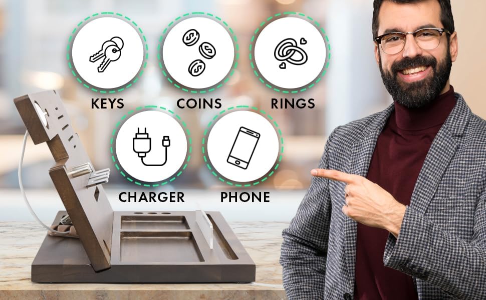 Elegant Wooden Charging Dock for Men – Premium Multifunctional Desk Organizer & Nightstand Essential – Fast Universal Charging Station with Sleek Aesthetic – Perfect Gift for the Discerning Professional