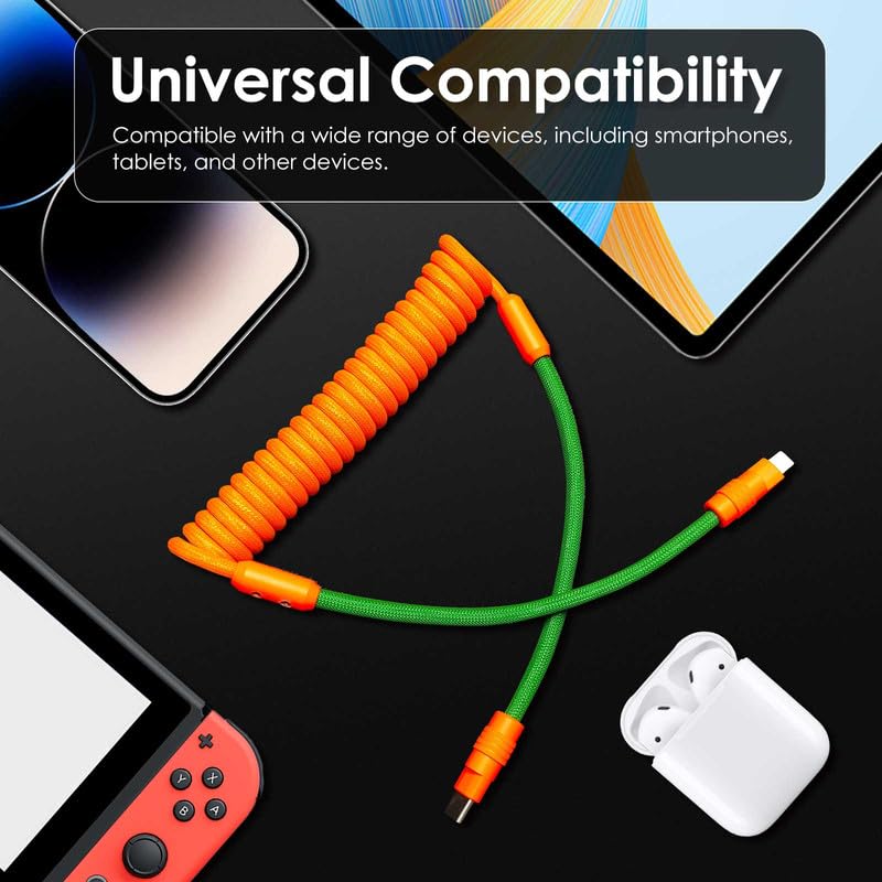 Dynamic Curly Chubby Coiled USB C Cable: 240 W Fast Charge Retractable Spiral Braid Cord for Carplay & Android Auto, Versatile Length 2.29 FT to 3.6 FT, Sleek Black and Red Design, Enhanced Compatibility for All USB-A to Type-C Devices