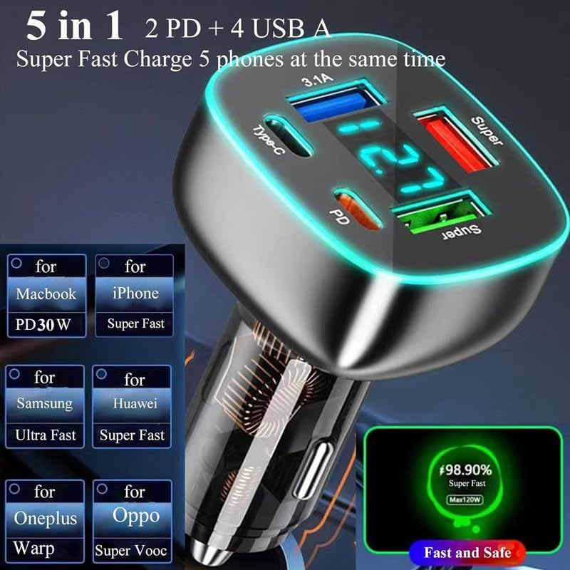 5-Port USB C Car Charger with Dual PD 30 W Fast Charging & Voltage Display – Multi-Device Compatibility for Mac Book, i Phone 16/15 Pro Max, Samsung, Huawei & Android – Efficient Cigarette Lighter Adapter for On-the-Go Power