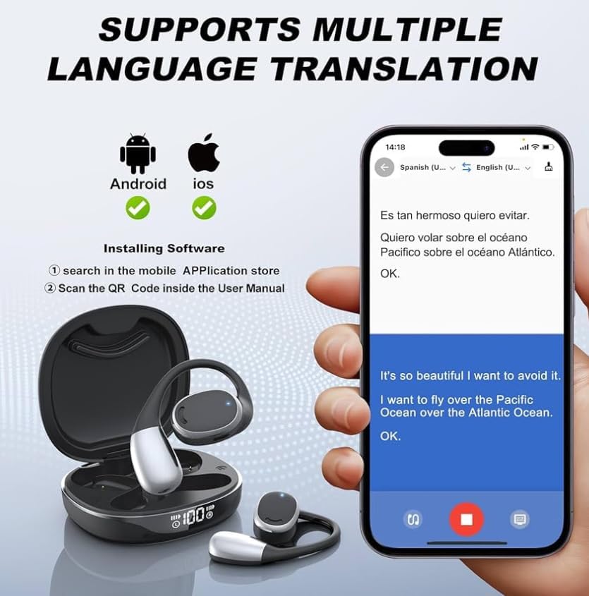 Revolutionary AI Translation Earbuds for Instant Multilingual Conversations – Effortless 3-in-1 Bluetooth Device for Travel, Business, and Education, Waterproof Design with Comfort Fit, Compatible with i OS & Android for Enhanced Listening and Learning Experience in 144 Accents and Languages