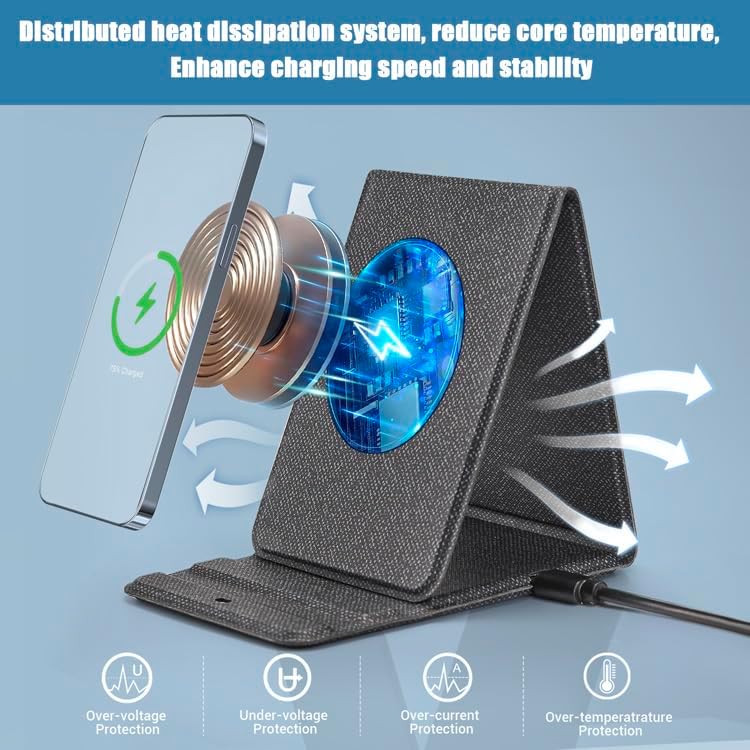 Compact Foldable Wireless Phone Charger with 15 W Fast Charging – Ultimate Portable Phone Holder for i Phone 15/14/13/12 Pro/XS/8 Plus & Samsung Galaxy S23/S22/S21/Note 20 – Effortless Charging on the Go with Enhanced Compatibility and Modern Design