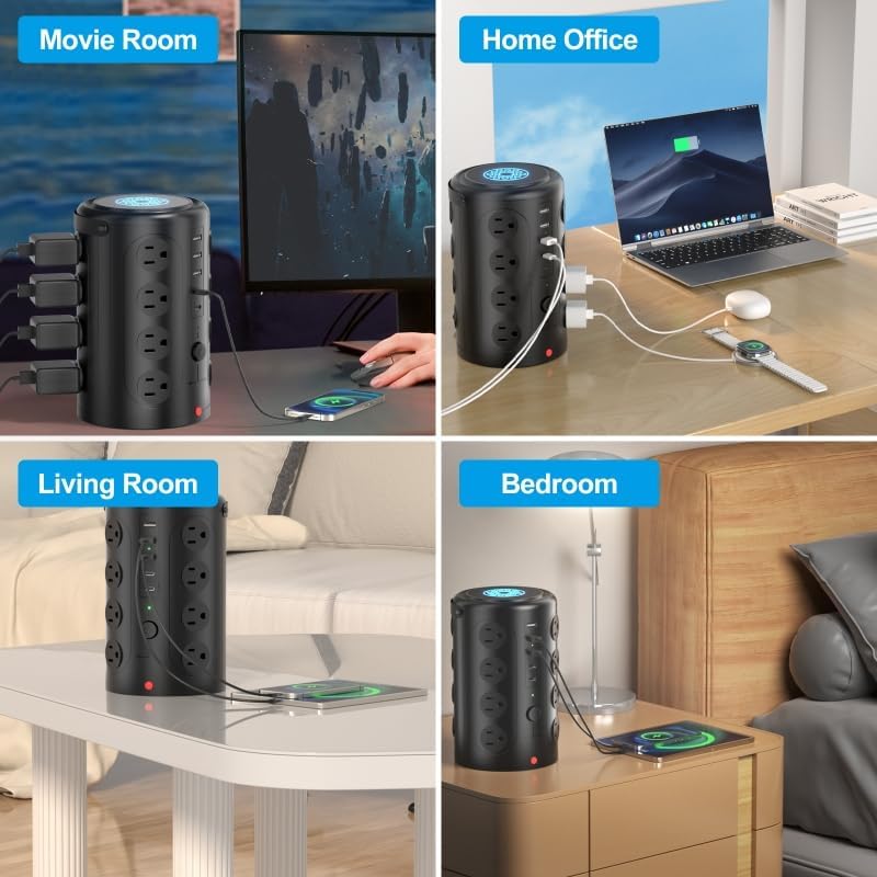 Advanced Surge Protector Power Strip with 15 W Wireless Charging Station – 16 AC Outlets & 5 USB Ports (Including 2 USB-C) for Optimal Home, Office, and Dorm Room Use – 10 FT Cord for Enhanced Flexibility and Speedy Device Charging