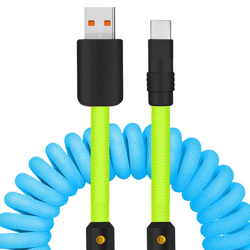 Experience Unmatched Charging Versatility with the Chubbycable Curly Chubby – 240 W High-Speed Retractable USB-C Cable, Extends 2.29 to 3.6 FT, Ideal for Car Play & Android Auto, Stylish Dark Blue and Green Coiled Design for Effortless Organization and Durability