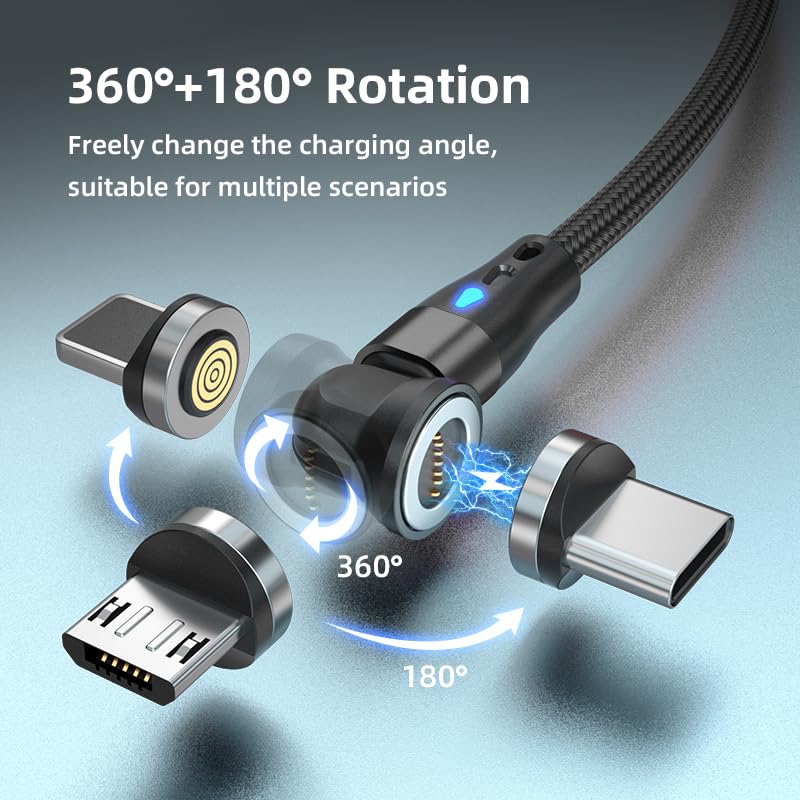 Revolutionize Your Charging Experience with the 540° 7-Pin Magnetic USB Charging Cable – 3-in-1 Fast Charger Bundle (4-Pack: 3 ft, 3 ft, 6 ft, 6 ft) for i Phone, Micro USB & Type C Devices – Ultimate Compatibility & Speed with Magnetic Convenience, Data Transfer Support, and Ergonomically Designed Durability for Everyday Use