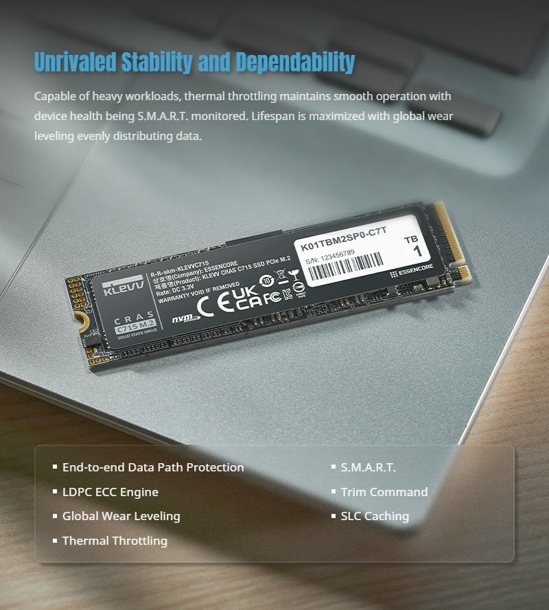Unleash Lightning-Fast Performance with KLEVV CRAS C910 1 TB NVMe SSD – M.2 2280 Internal Drive with Heatsink for Laptops & Desktops – Experience Up to 5000 MB/s Speeds, Ideal for Gamers and Creators – PCIe Gen4 x4 Enhanced Compatibility & Reliability