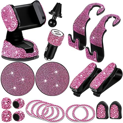 Transform Your Vehicle with Tallew’s 20-Piece Bling Car Accessories Set for Women – Stylish Rhinestone Car Decor, Hands-Free Phone Holder, Rapid Dual USB Charger, Practical Glasses Holders, Chic Pink Interior Essentials for Glamorous Driving Experience