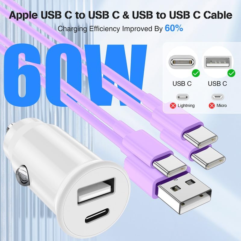 High-Power USB C Car Charger for i Phone 16 & 15 Series – 40 W Dual Port Fast Charging Adapter with 3 FT USB-C to C & A to C Cables – Versatile Compatibility for i Pad, Samsung, and More – Compact Design for On-the-Go Convenience and Enhanced Safety Features