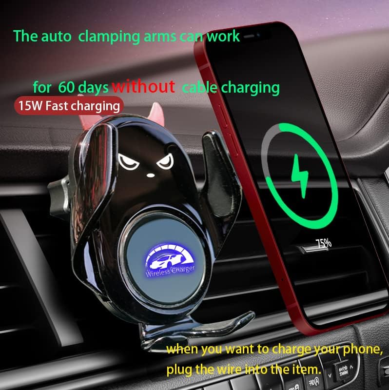 Chic Red Demon Wireless Car Charger Mount with Auto Clamping and Built-in Battery – Fast Charging for i Phone 14/13/12/11/X/SE & Samsung S22/S21/S20/Note Series – Stylish Dashboard and Vent Holder for Effortless Navigation and Convenience