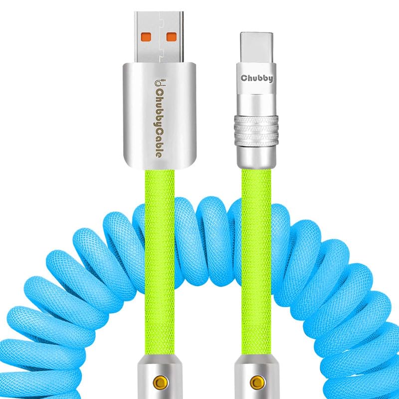 Experience Unmatched Charging Versatility with the Chubbycable Curly Chubby – 240 W High-Speed Retractable USB-C Cable, Extends 2.29 to 3.6 FT, Ideal for Car Play & Android Auto, Stylish Dark Blue and Green Coiled Design for Effortless Organization and Durability