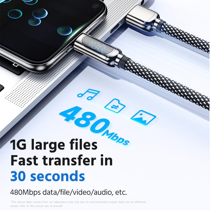 Ultra-Fast 100 W USB C to USB C Charging Cable – 5 ft Durable Braided Cord with LED Display for Real-Time Power Monitoring, Perfectly Compatible with i Phone 15/16 Pro Plus Max, i Pads, and Laptops – Unmatched Speed and Reliability for All Your Devices